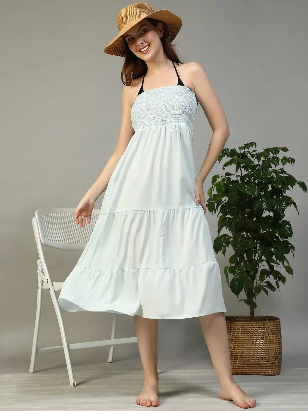 Satchel Solid bLue Smocked Long Women Cotton Beachwear Off-Shoulder Dress