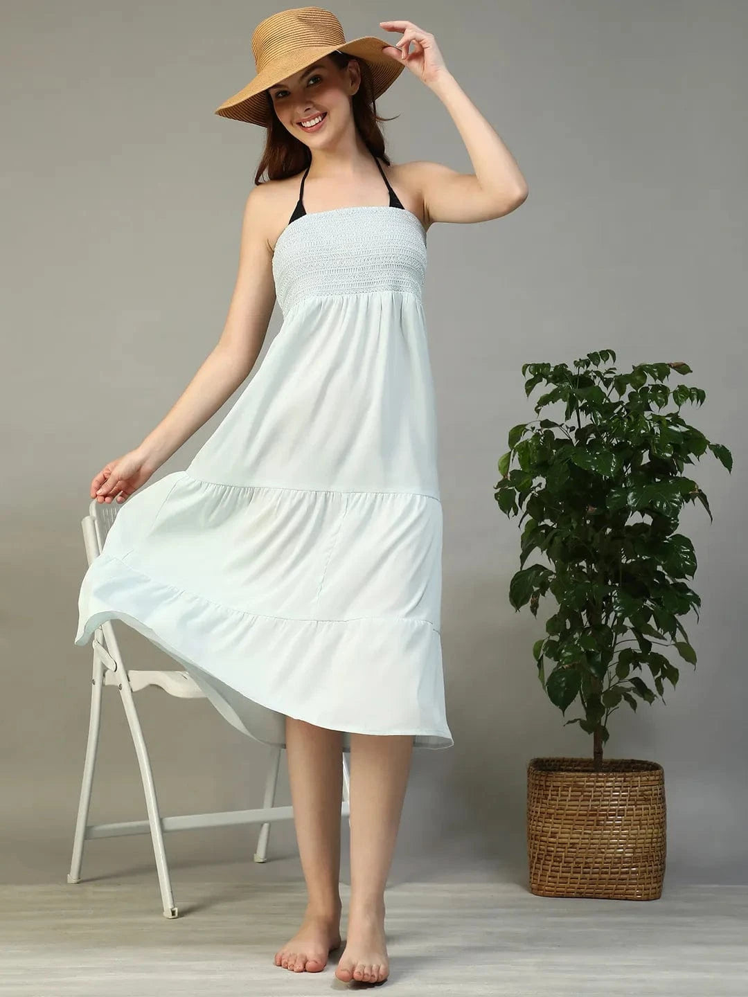 Satchel Solid bLue Smocked Long Women Cotton Beachwear Off-Shoulder Dress