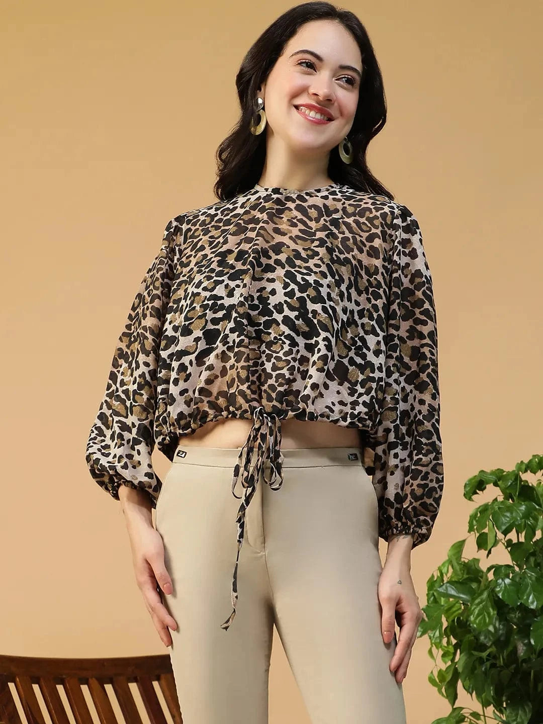 Multicolor Animal Print Round Neck Long Sleeve  Elasticated Tie-Up Detail Women Top