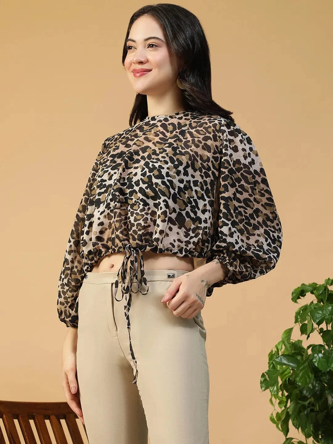 Multicolor Animal Print Round Neck Long Sleeve  Elasticated Tie-Up Detail Women Top