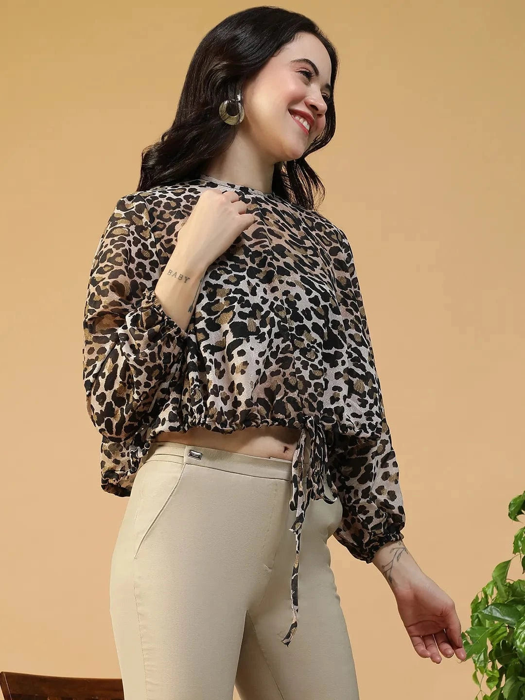 Multicolor Animal Print Round Neck Long Sleeve  Elasticated Tie-Up Detail Women Top