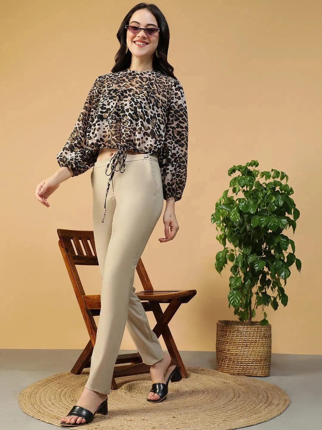 Multicolor Animal Print Round Neck Long Sleeve  Elasticated Tie-Up Detail Women Top