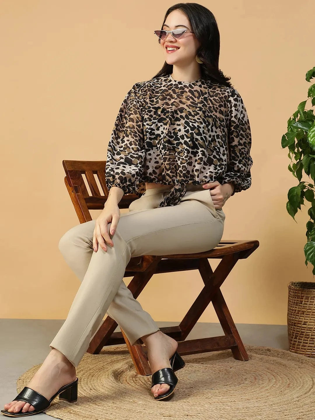 Multicolor Animal Print Round Neck Long Sleeve  Elasticated Tie-Up Detail Women Top