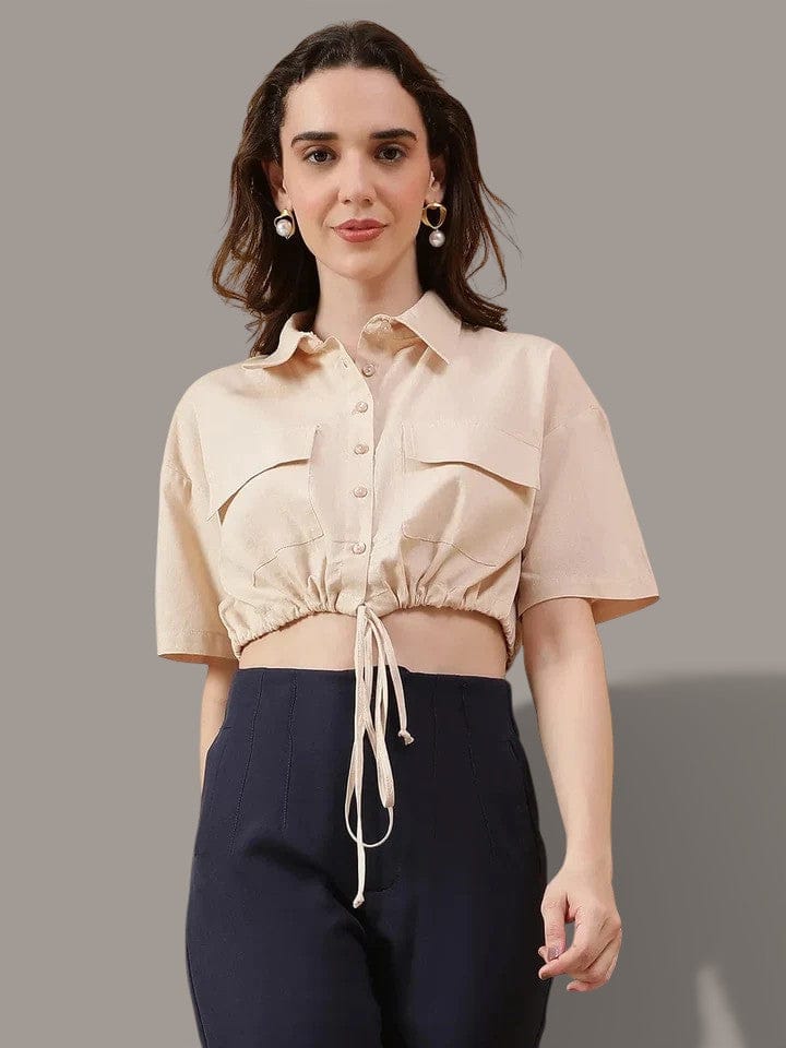 Beige Cotton Linen Crop Shirt
