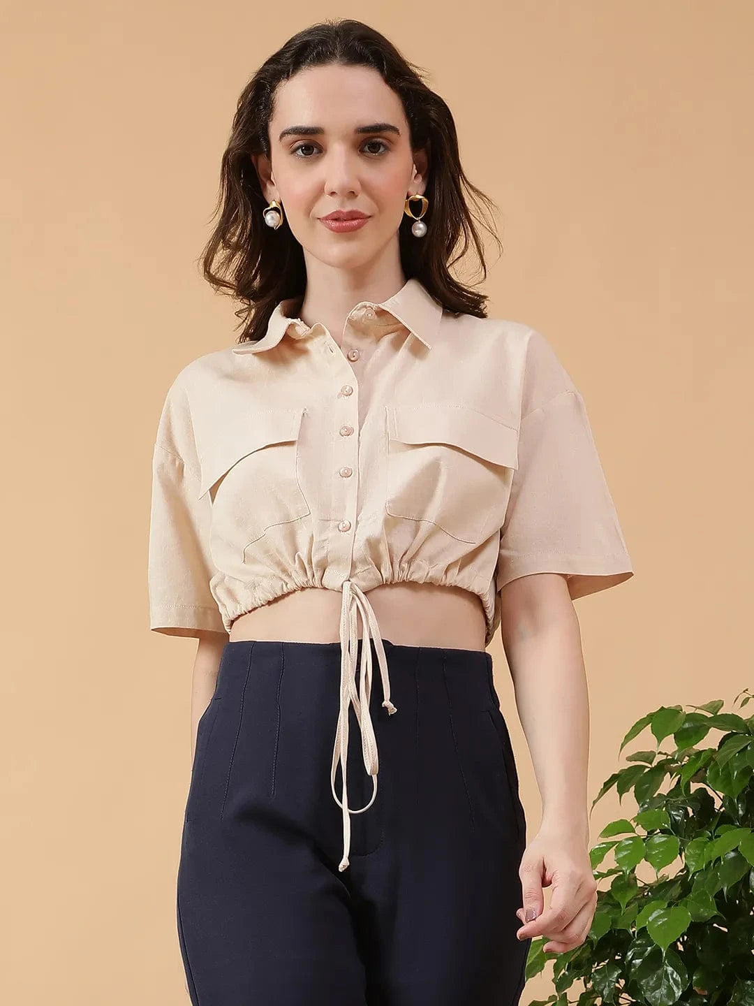 Solid Beige Collare Button Down Elasticated With Tie-Up Detail Short Sleeve Cotton Linen women Crop Shirt
