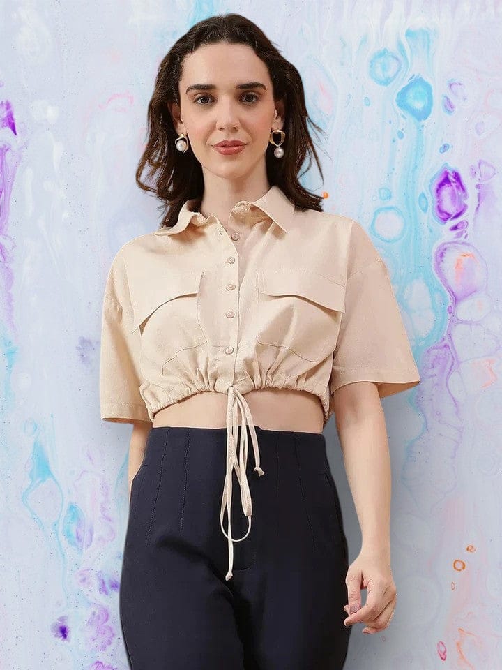 Beige Cotton Linen Crop Shirt