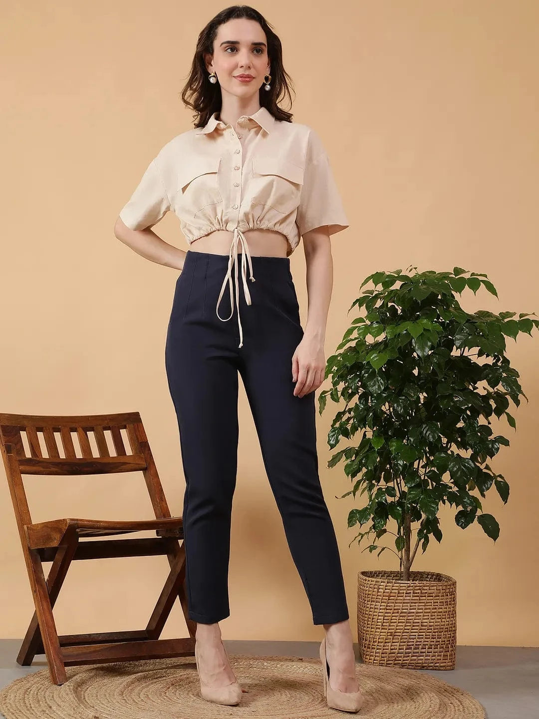 Solid Beige Collare Button Down Elasticated With Tie-Up Detail Short Sleeve Cotton Linen women Crop Shirt