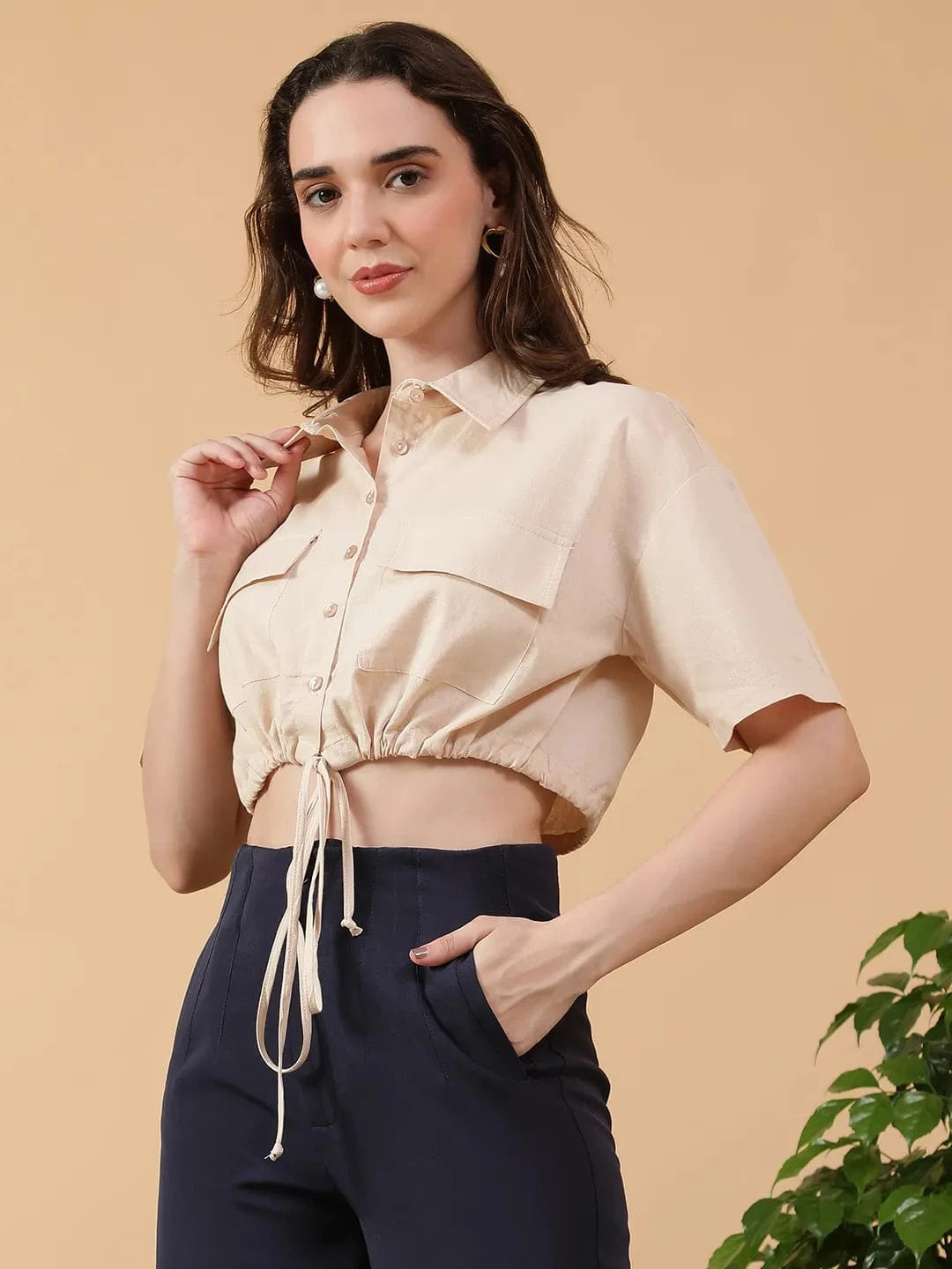 Solid Beige Collare Button Down Elasticated With Tie-Up Detail Short Sleeve Cotton Linen women Crop Shirt