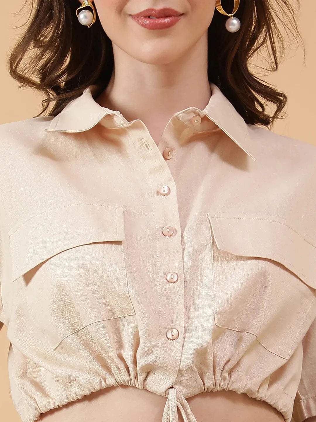 Solid Beige Collare Button Down Elasticated With Tie-Up Detail Short Sleeve Cotton Linen women Crop Shirt