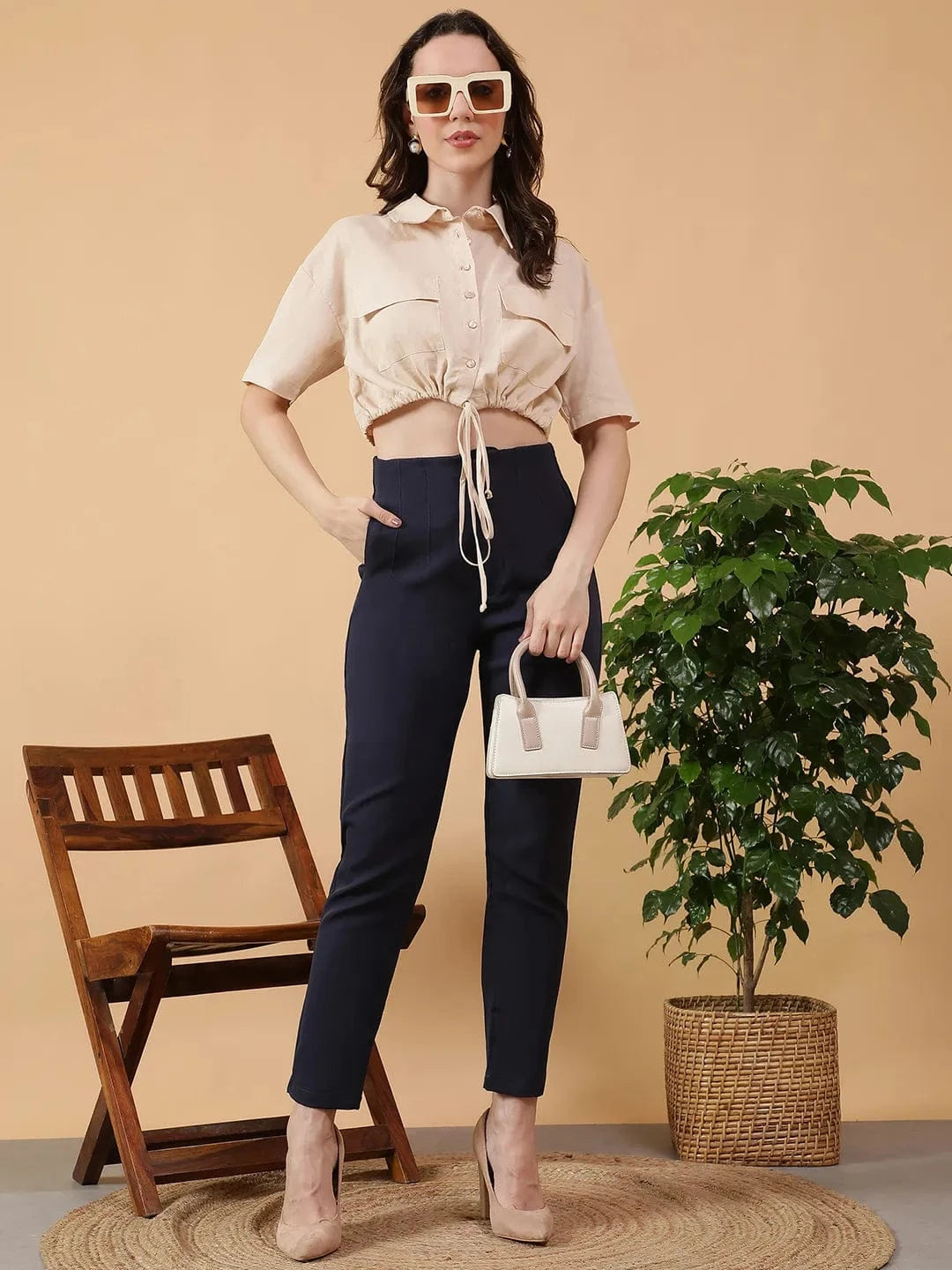 Solid Beige Collare Button Down Elasticated With Tie-Up Detail Short Sleeve Cotton Linen women Crop Shirt