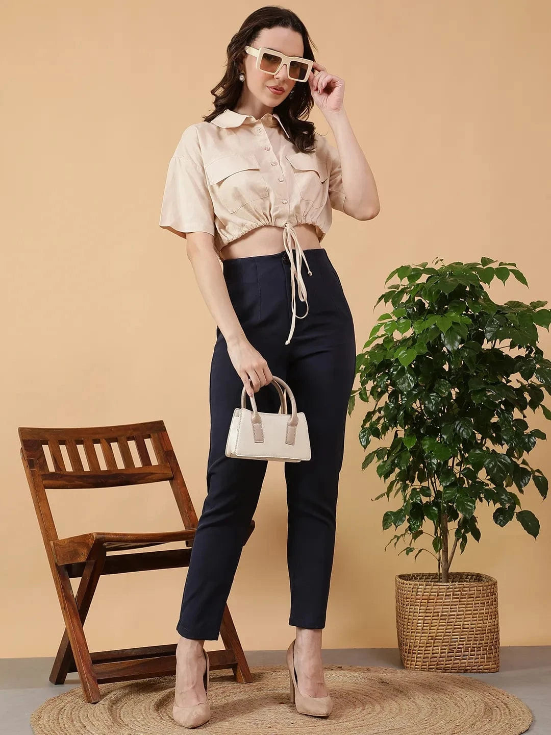 Solid Beige Collare Button Down Elasticated With Tie-Up Detail Short Sleeve Cotton Linen women Crop Shirt