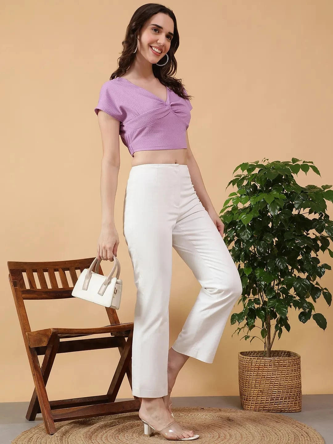 Main-character Purple V- Neck Short Sleeve women Dobby Crop Top