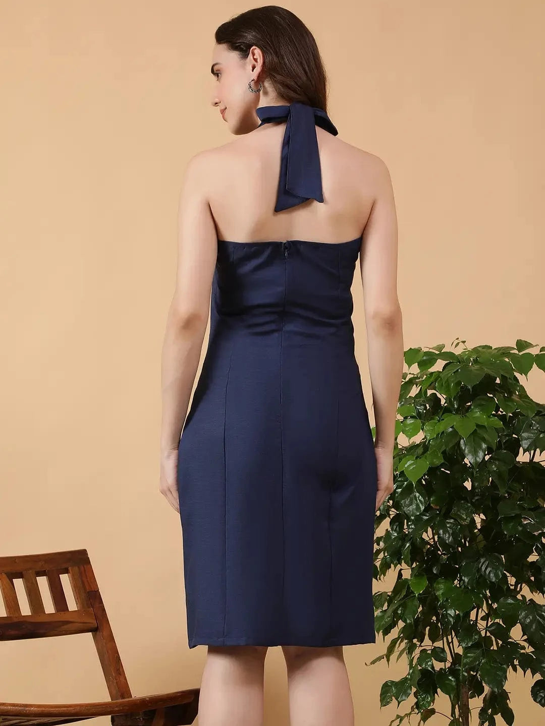 Slaying Navy Blue Round Neck Tie-Up & Zip Detail Women Halter Dress
