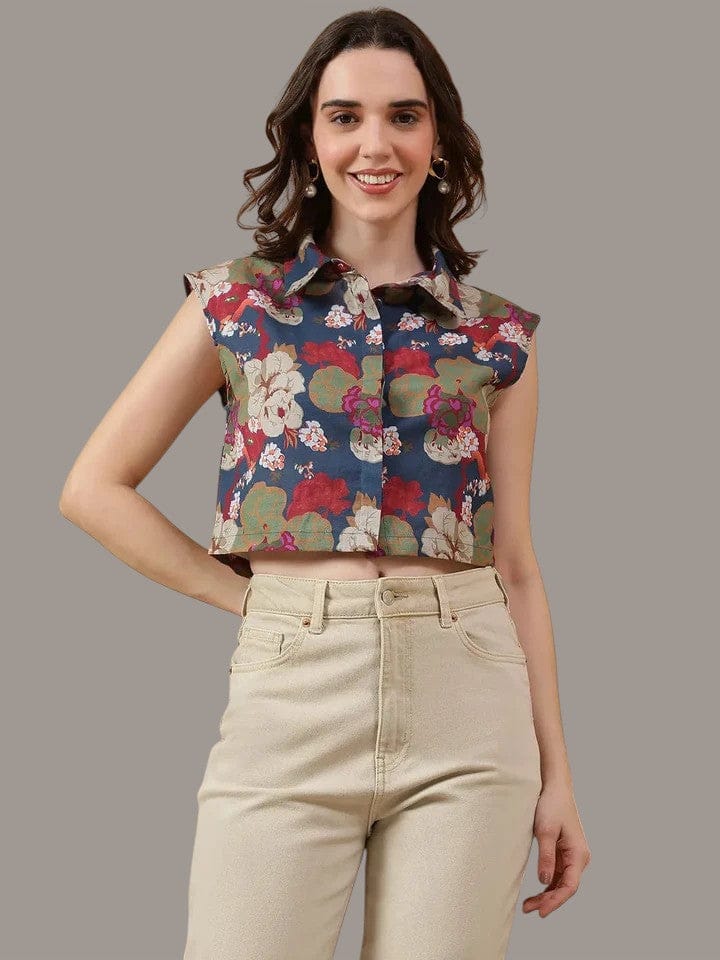 Multicolor Floral Print Cotton Crop Shirt