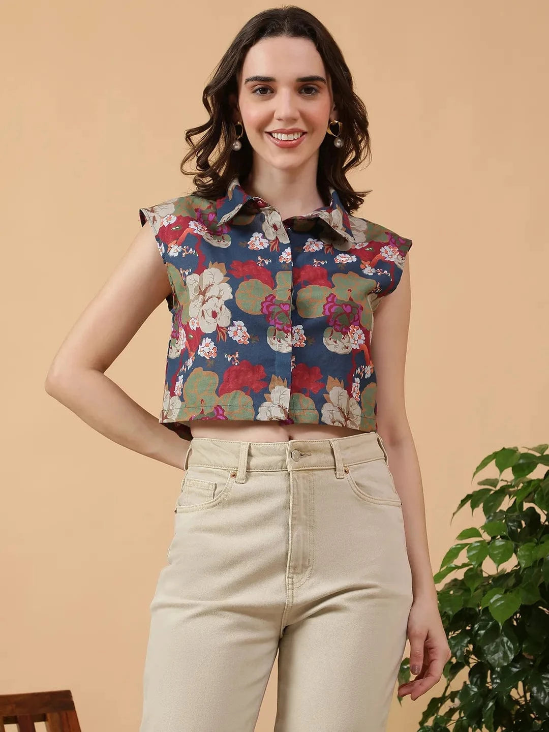 Multicolor Floral Print Collared Short Cap Sleeve Women Cotton Linen Crop Shirt