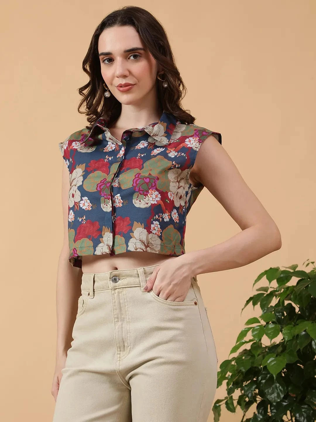Multicolor Floral Print Collared Short Cap Sleeve Women Cotton Linen Crop Shirt