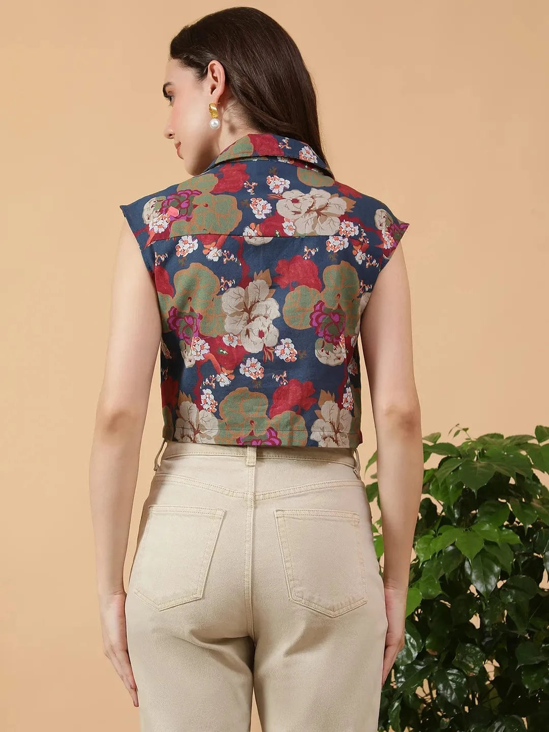 Multicolor Floral Print Collared Short Cap Sleeve Women Cotton Linen Crop Shirt