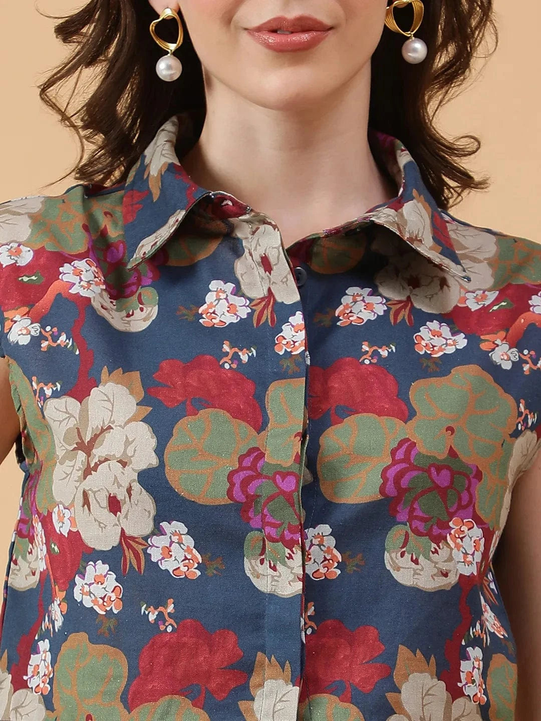 Multicolor Floral Print Collared Short Cap Sleeve Women Cotton Linen Crop Shirt