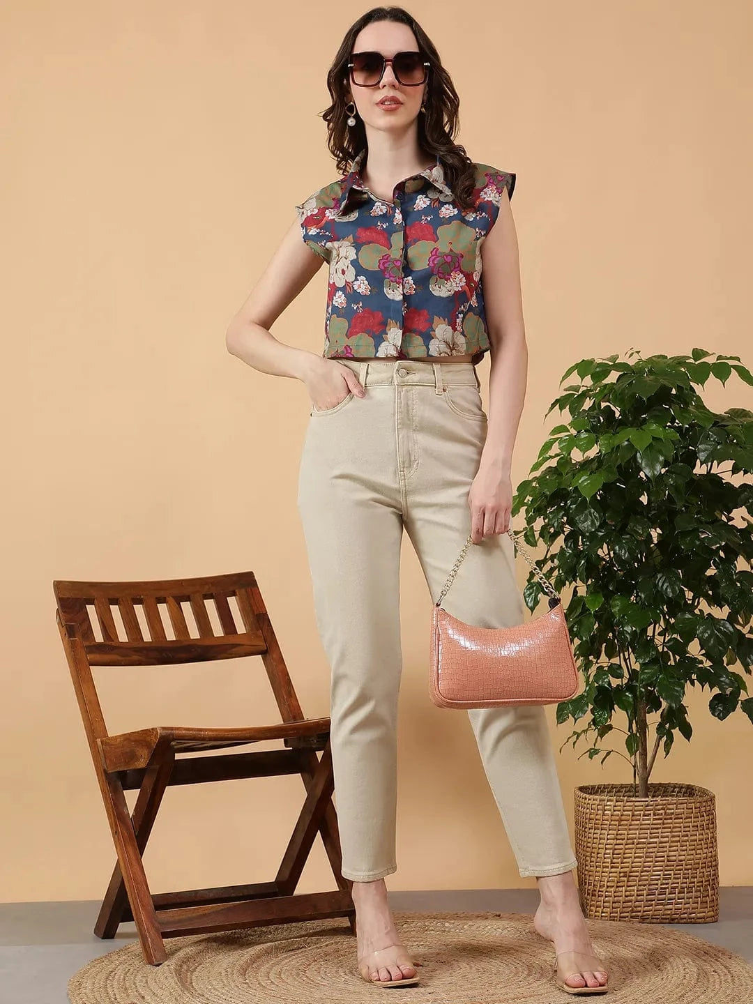 Multicolor Floral Print Collared Short Cap Sleeve Women Cotton Linen Crop Shirt