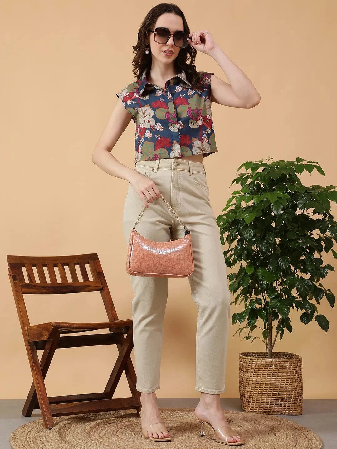 Multicolor Floral Print Collared Short Cap Sleeve Women Cotton Linen Crop Shirt