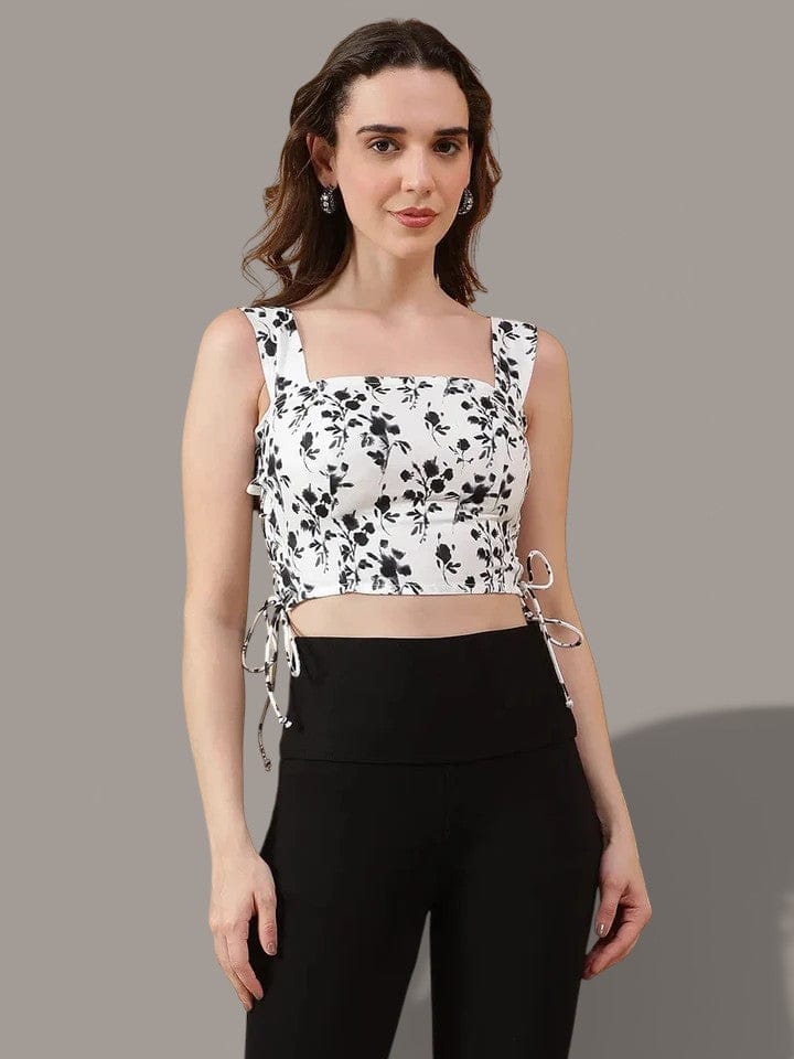 White Floral Print Crop Top