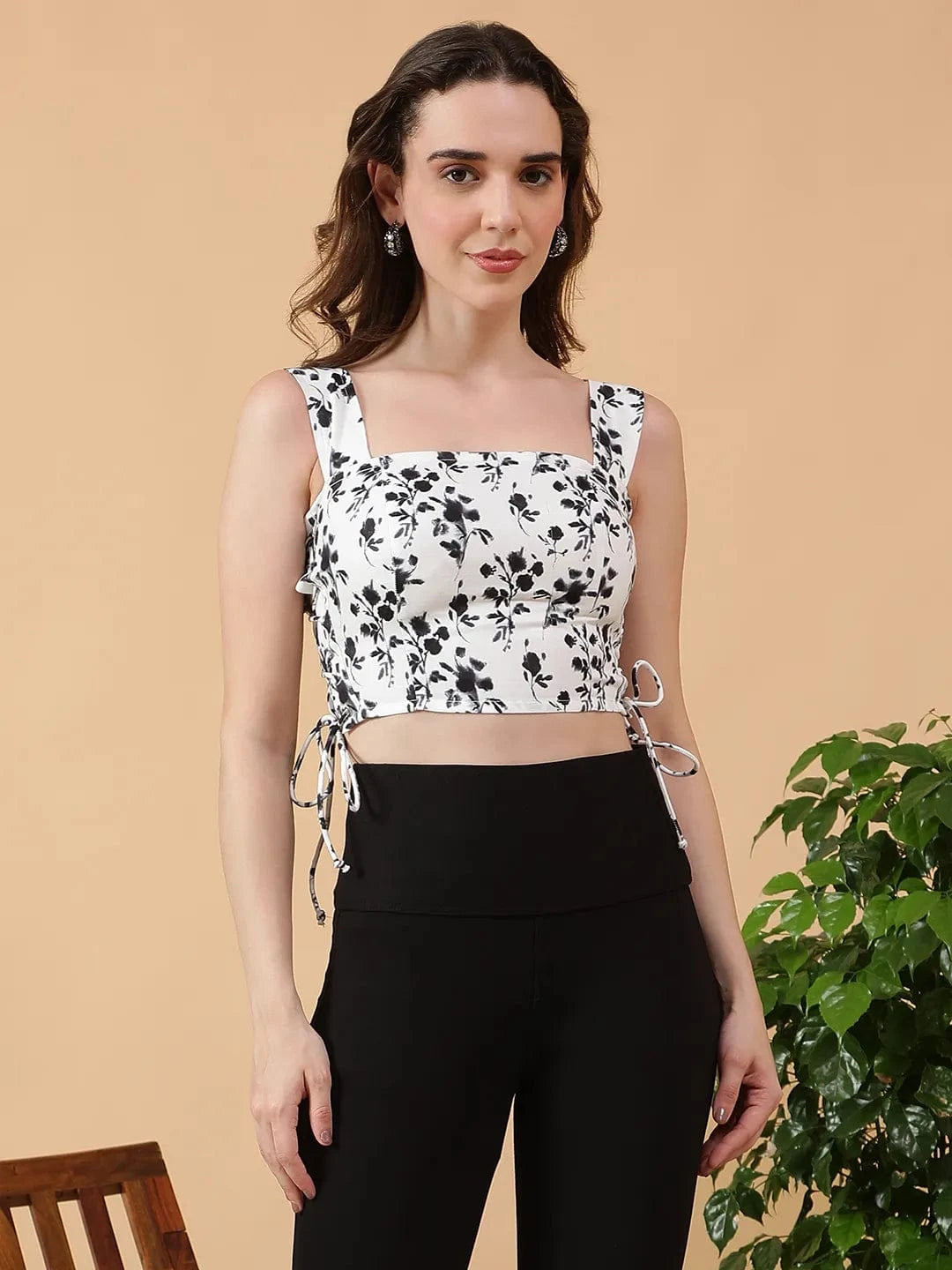 Enigma White Floral Print Shoulder Strap Tie-Up Detail Women Crop Top