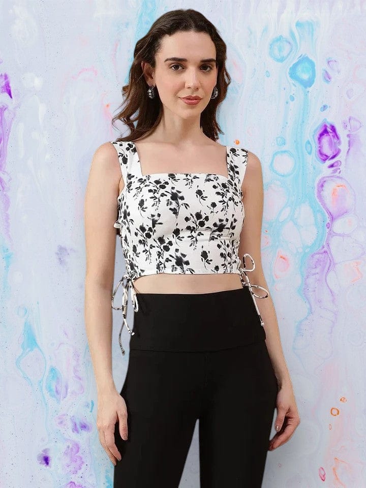 White Floral Print Crop Top