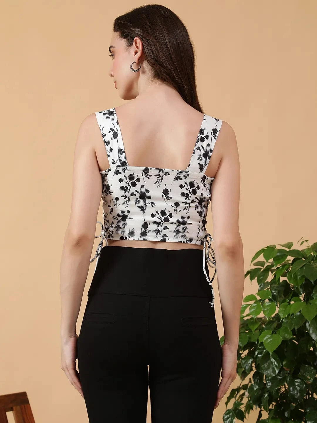Enigma White Floral Print Shoulder Strap Tie-Up Detail Women Crop Top