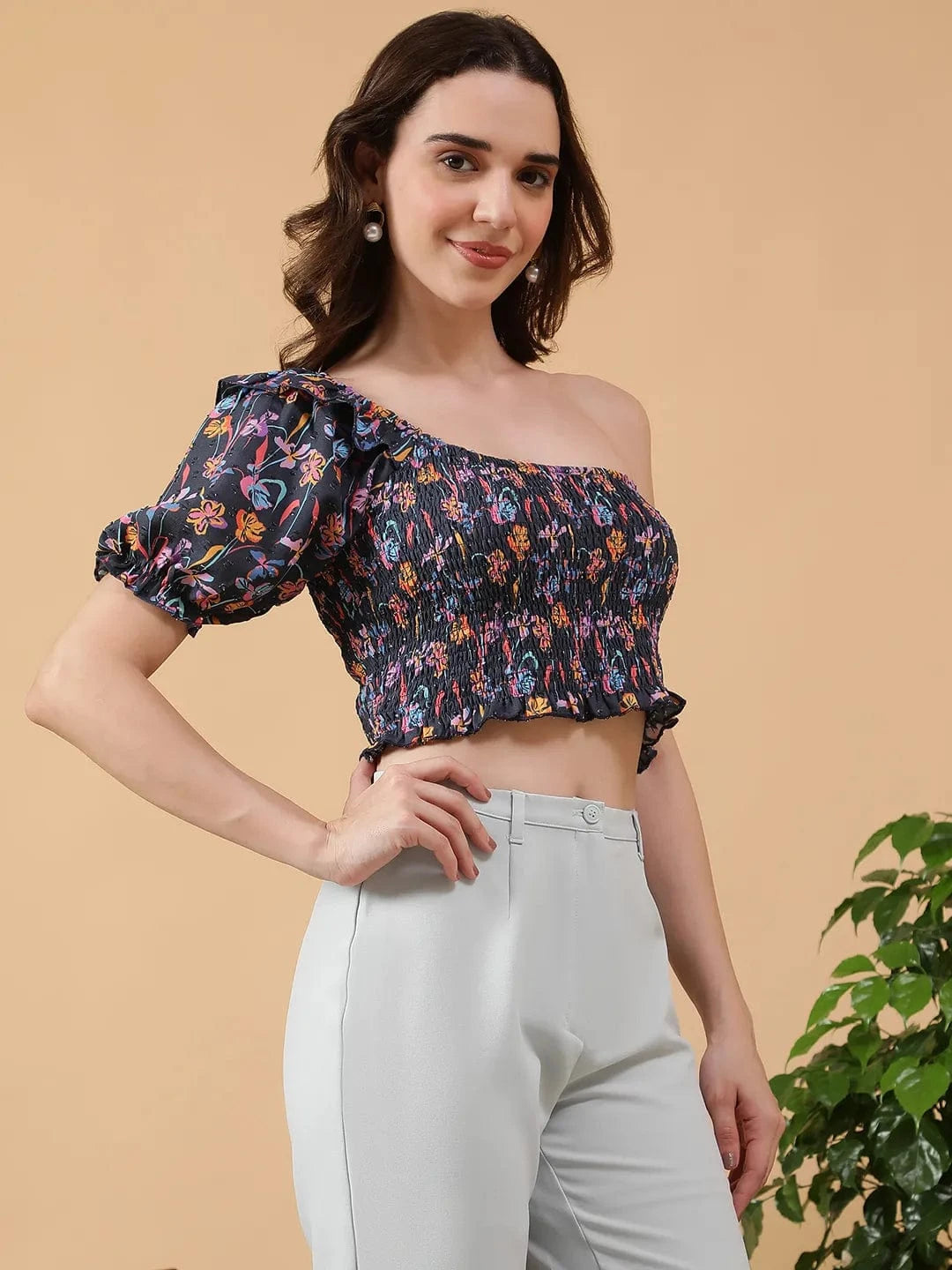 Multicolor Floral Print One-Off Shoulder Short Poet Sleeve Women Dobby Crop Top