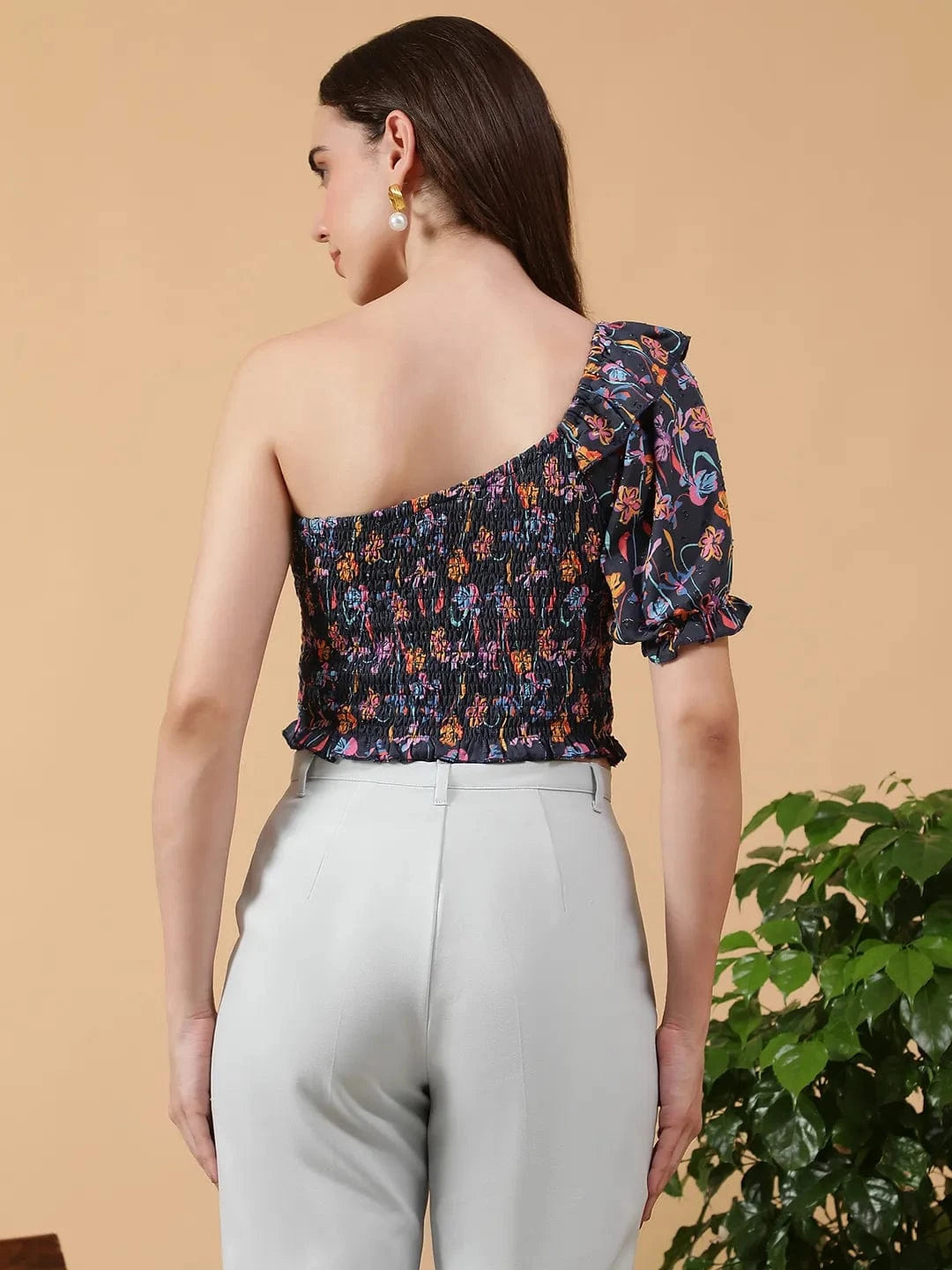 Multicolor Floral Print One-Off Shoulder Short Poet Sleeve Women Dobby Crop Top