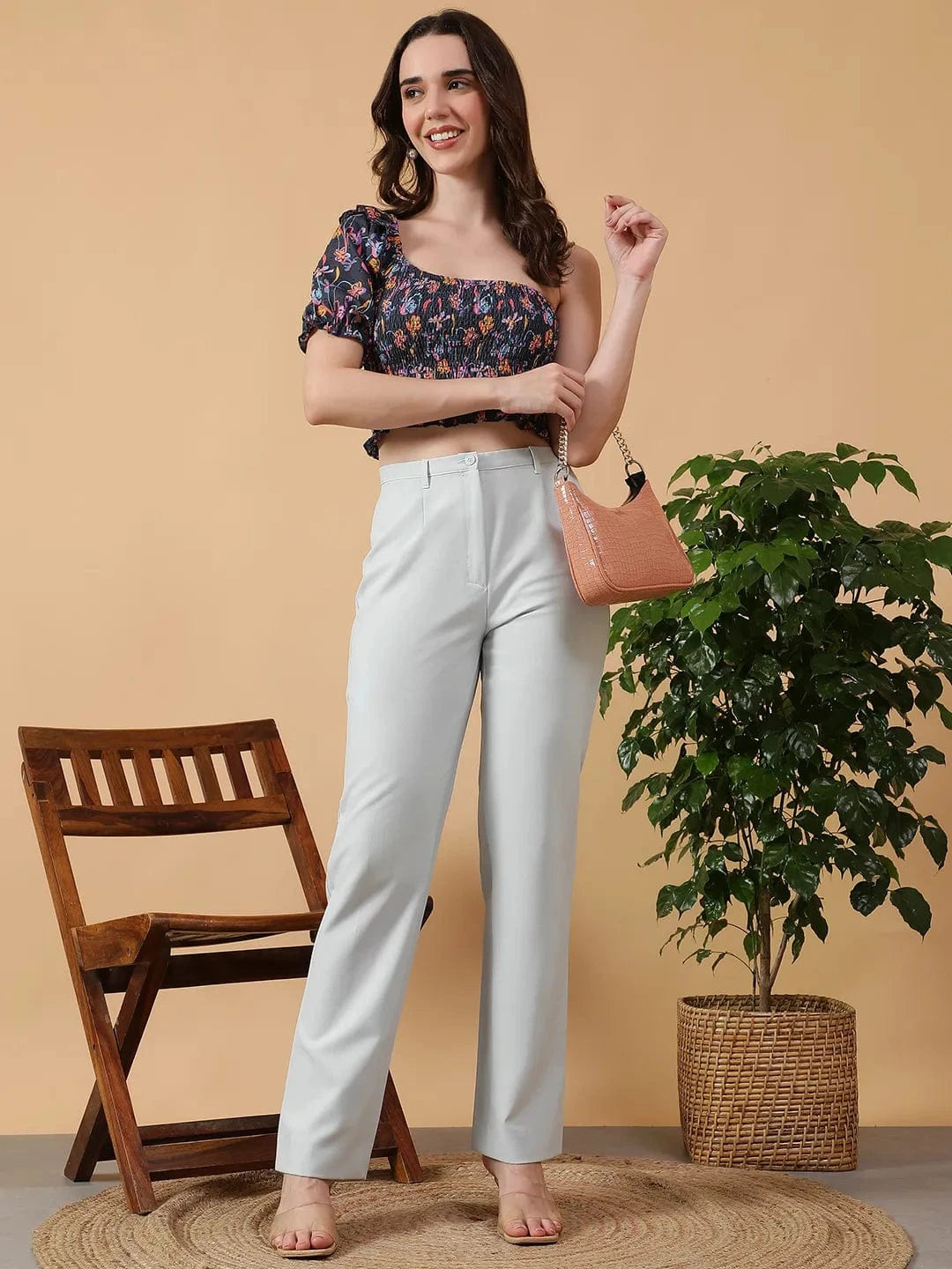 Multicolor Floral Print One-Off Shoulder Short Poet Sleeve Women Dobby Crop Top