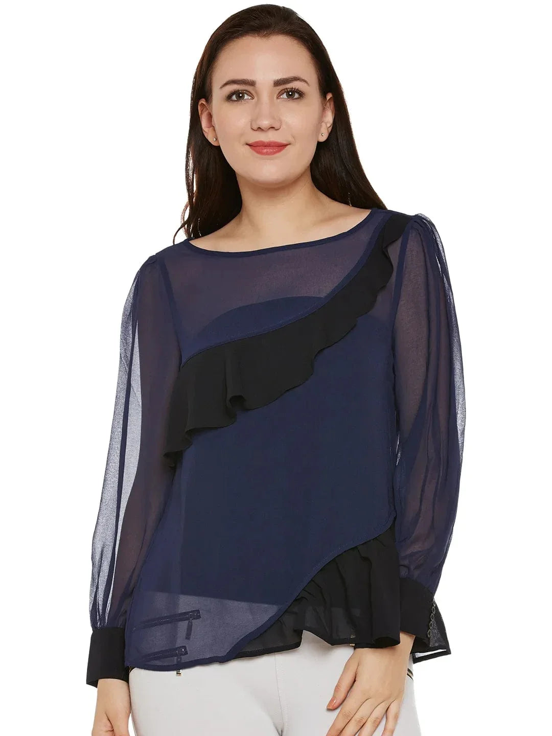 Navy & Black Sheer Top With Ruffles - oxolloxo