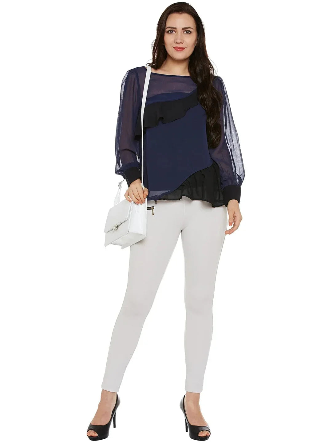 Navy & Black Sheer Top With Ruffles - oxolloxo