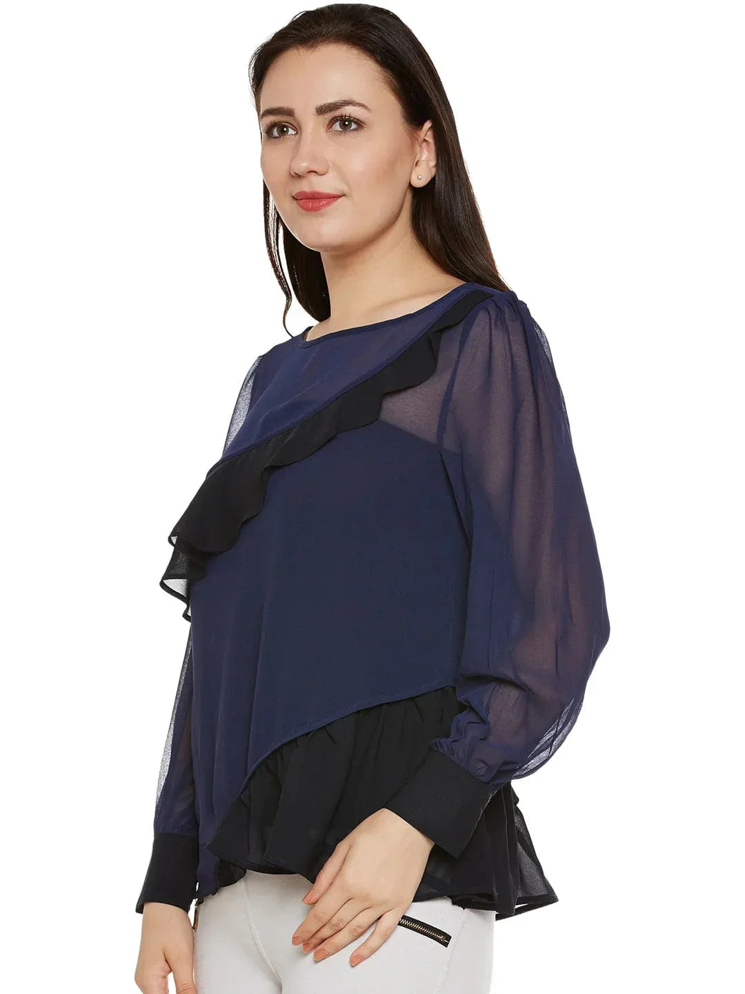 Navy & Black Sheer Top With Ruffles - oxolloxo