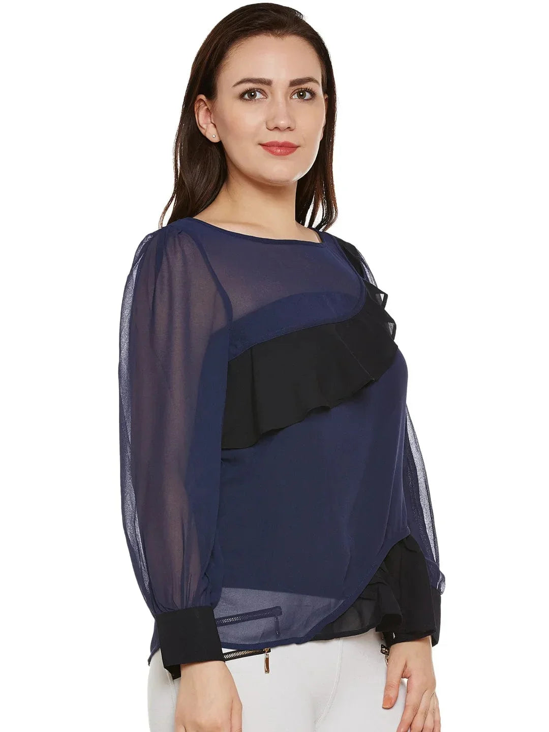 Navy & Black Sheer Top With Ruffles - oxolloxo