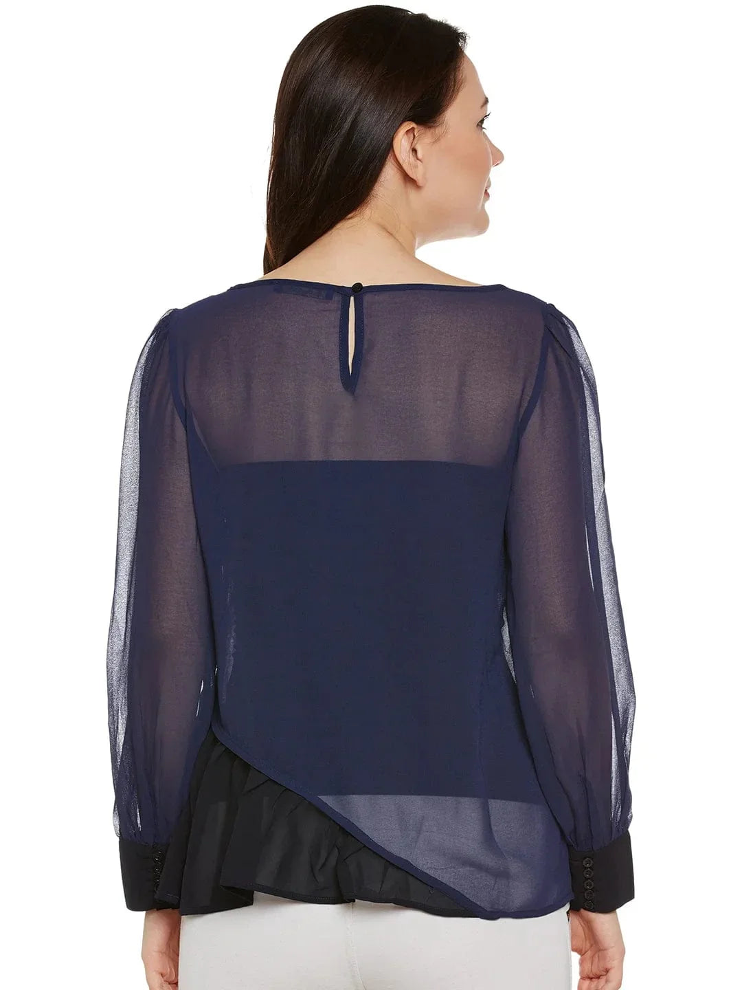 Navy & Black Sheer Top With Ruffles - oxolloxo