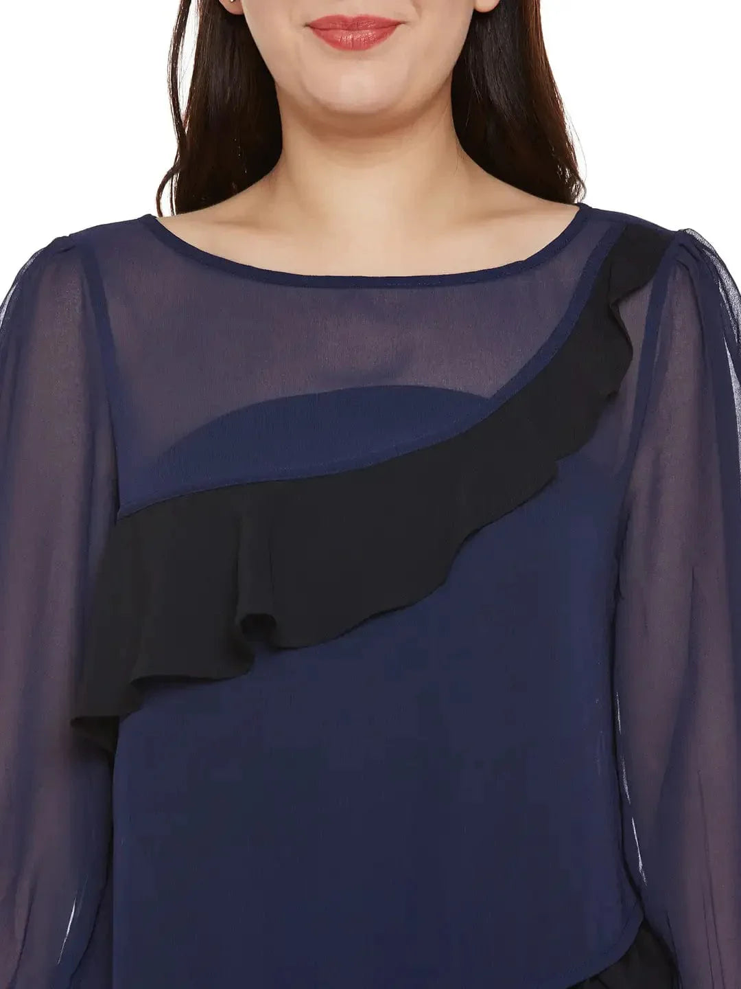 Navy & Black Sheer Top With Ruffles - oxolloxo