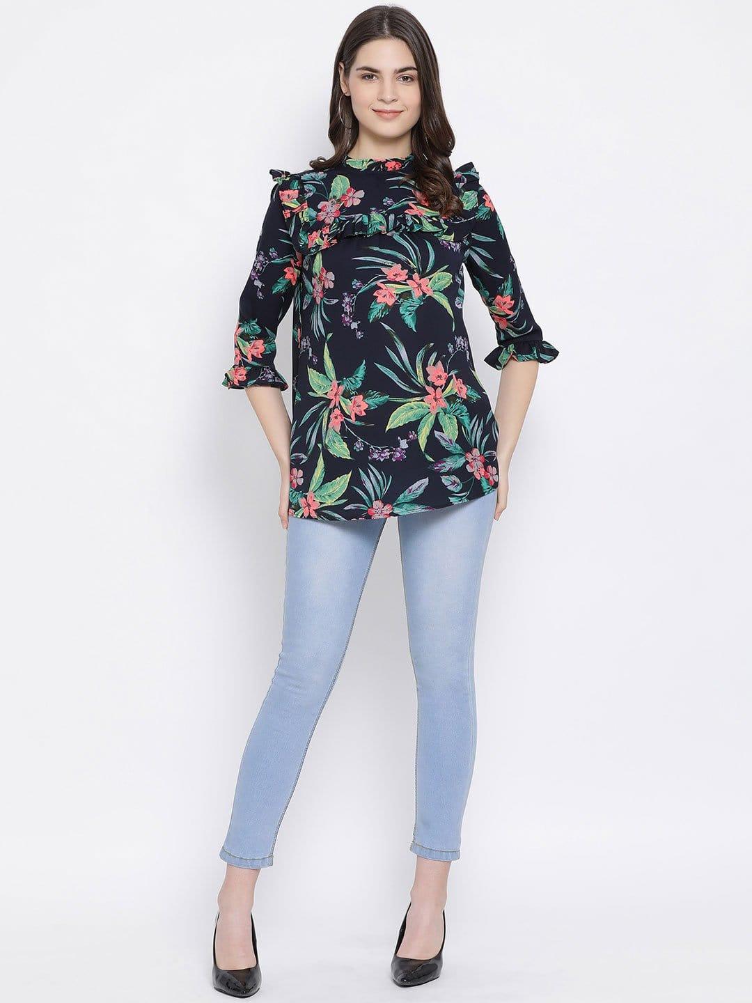 Floral Wave Ruffle Maternity Top For Pregnant Women Now