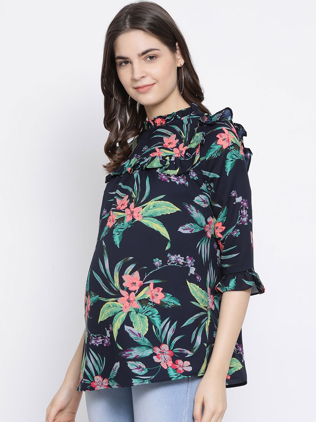 Floral Wave Ruffle Maternity Top For Pregnant Women Now