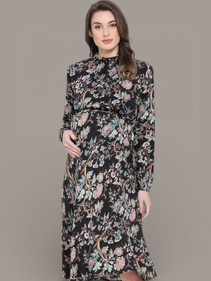 Floral Doctorial Caution Midi Maternity Dress For Expecting Moms
