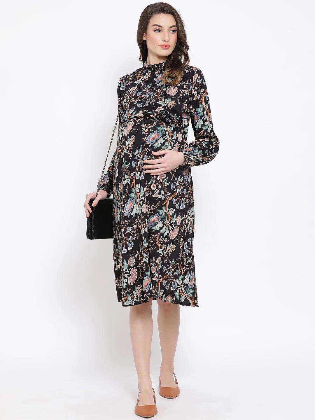 Floral Doctorial Caution Midi Maternity Dress For Expecting Moms