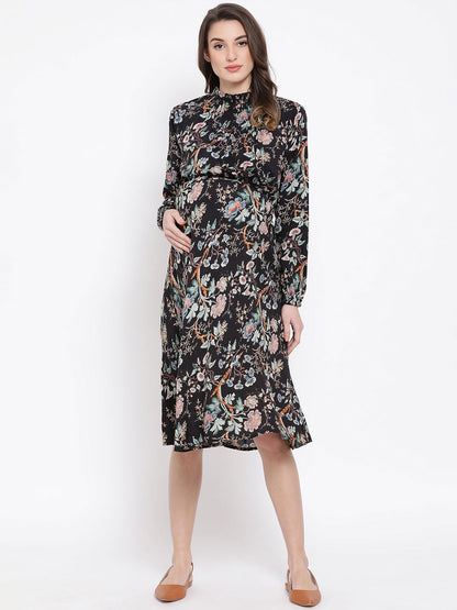 Floral Doctorial Caution Midi Maternity Dress For Expecting Moms