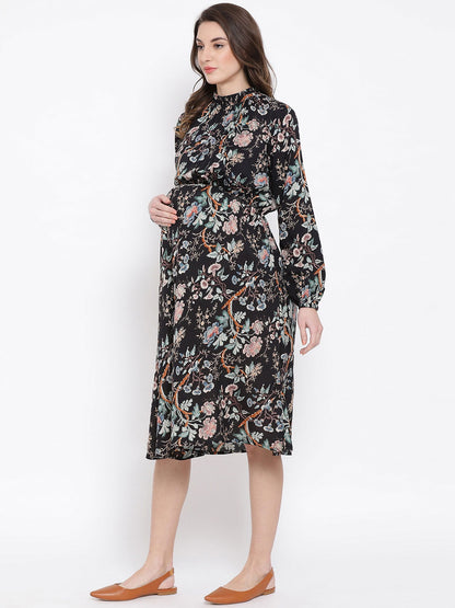 Floral Doctorial Caution Midi Maternity Dress For Expecting Moms