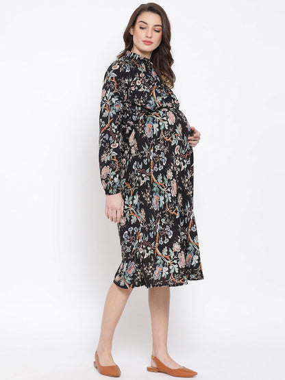 Floral Doctorial Caution Midi Maternity Dress For Expecting Moms