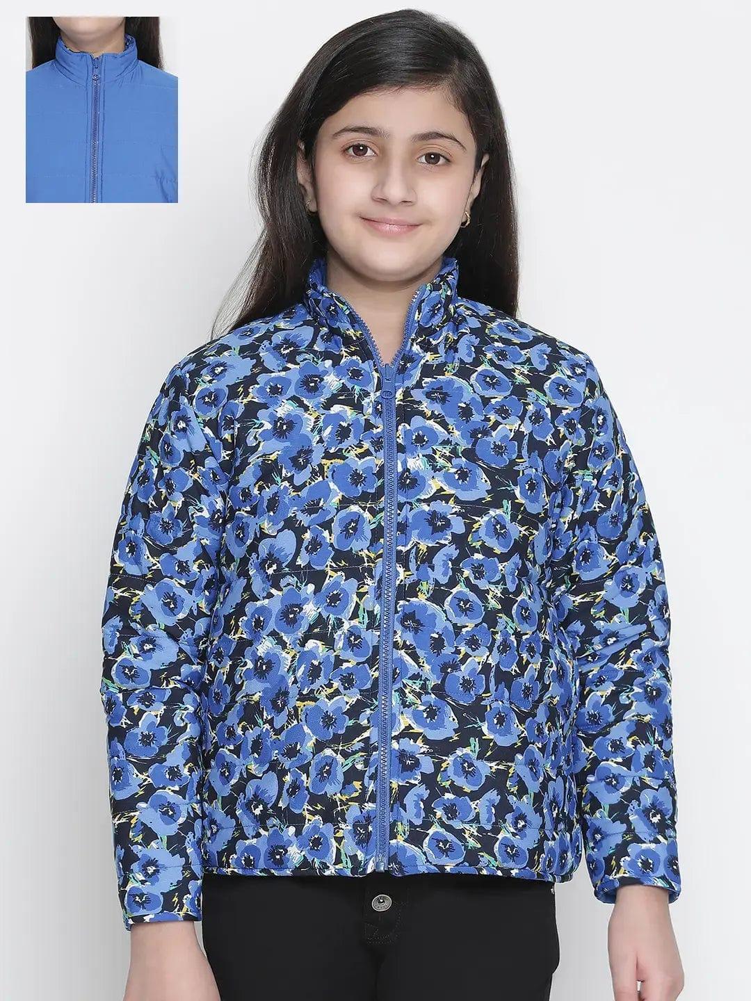 Diva Blue Floral Printed Reversible Quilted Girl Jacket