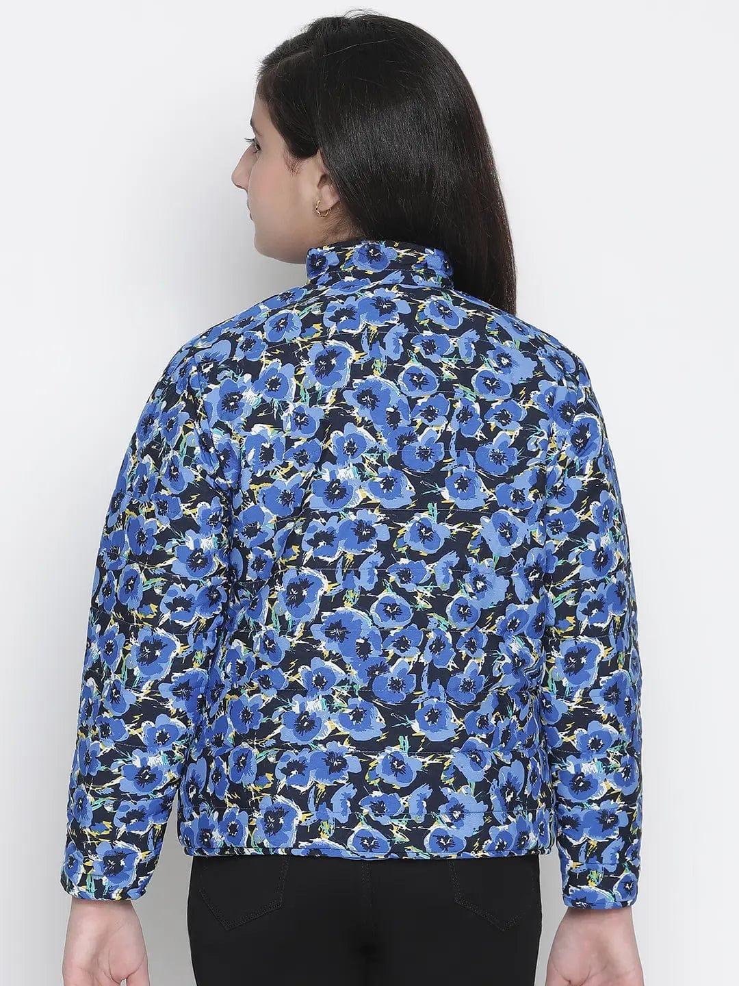 Diva Blue Floral Printed Reversible Quilted Girl Jacket