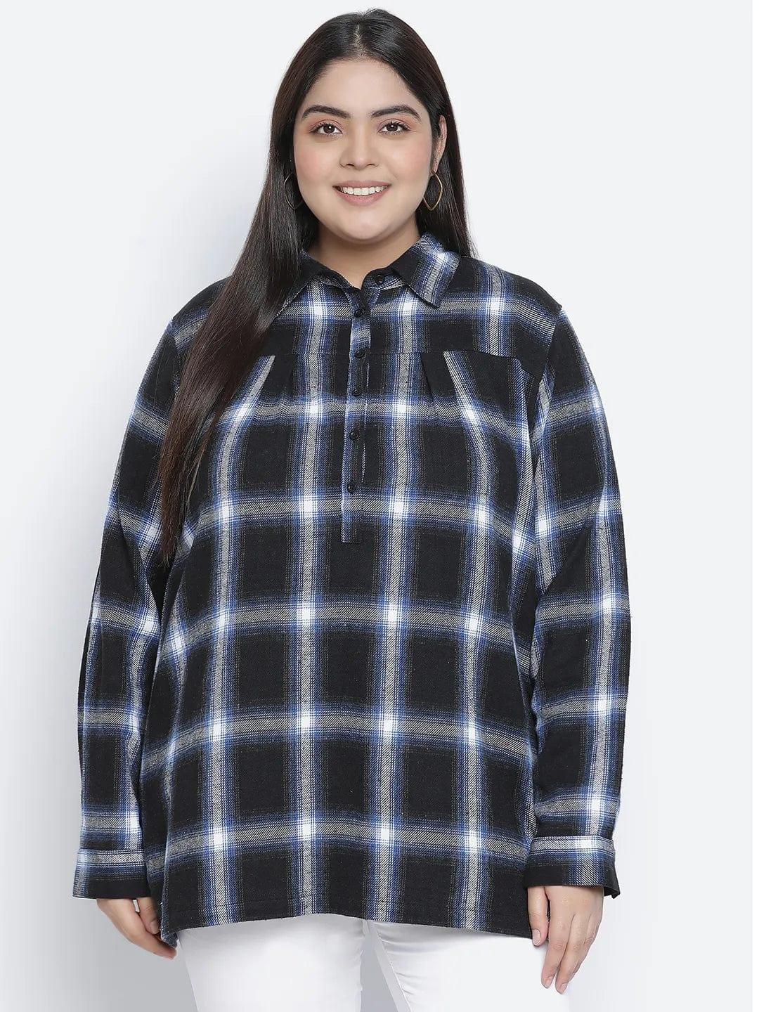 Iceberg Blue Brush Check Plus Size Women Tunic