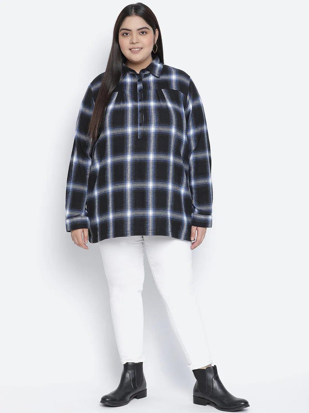 Iceberg Blue Brush Check Plus Size Women Tunic