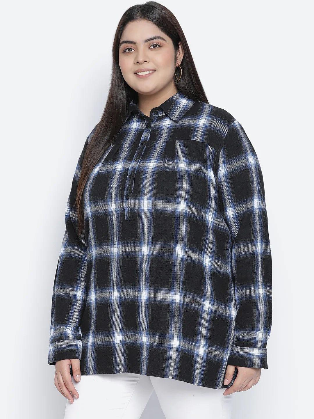 Iceberg Blue Brush Check Plus Size Women Tunic