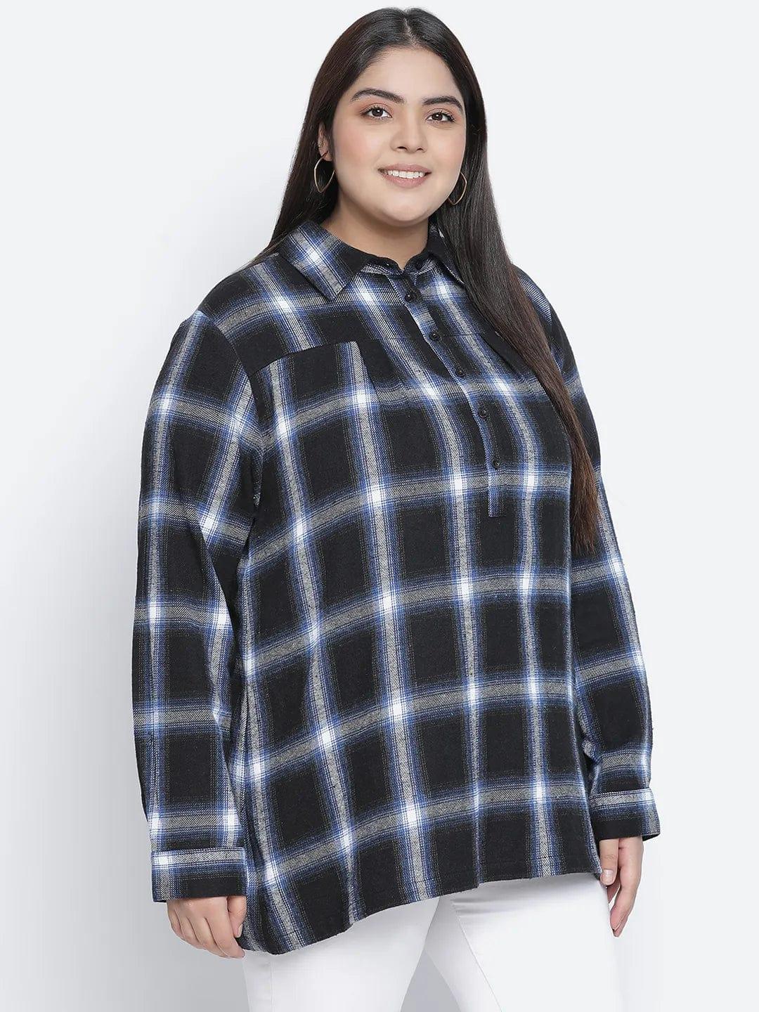 Iceberg Blue Brush Check Plus Size Women Tunic